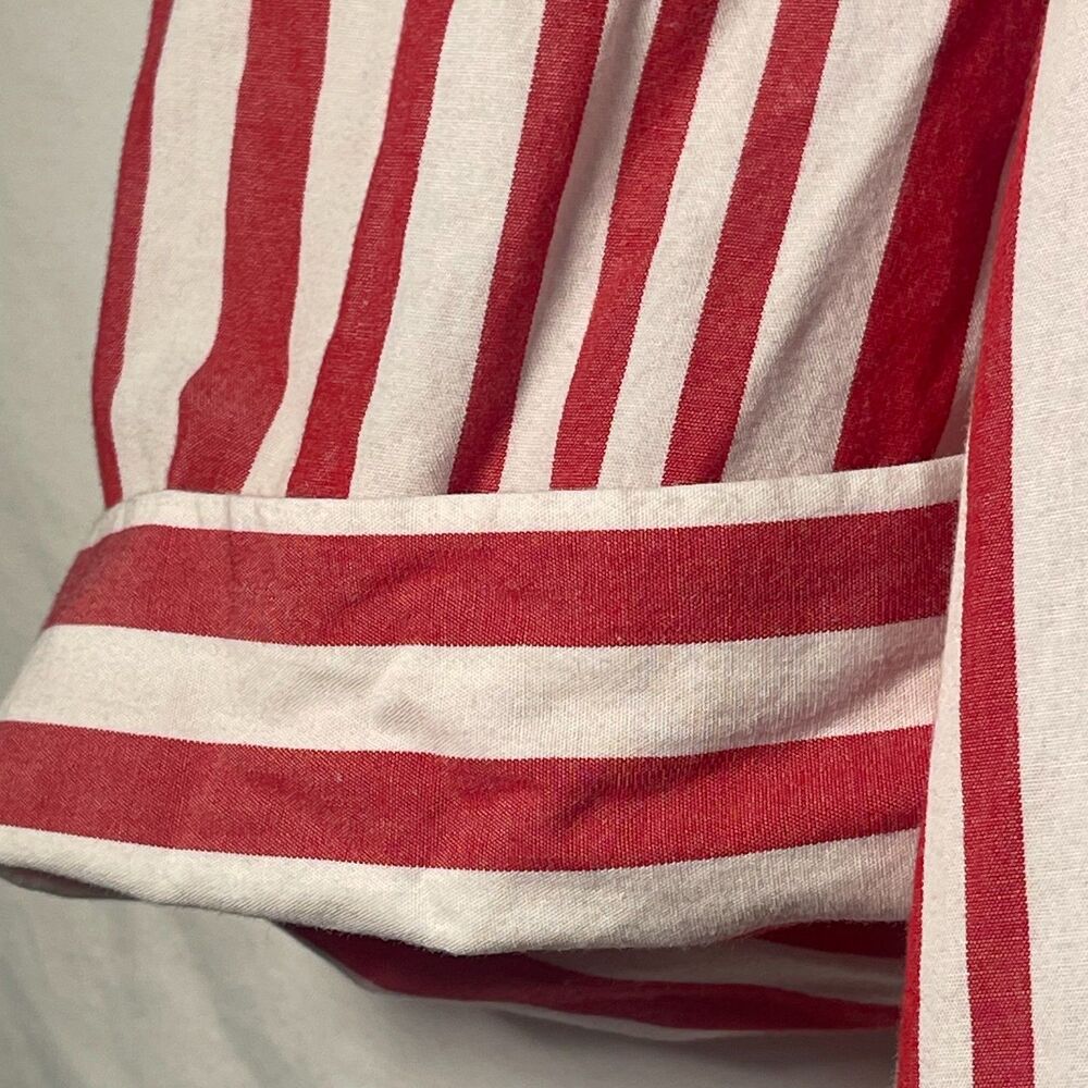 WHO WHAT WEAR red white stripe collared puff sleeve hidden buttons hi-lo hem LG - Picture 7 of 11